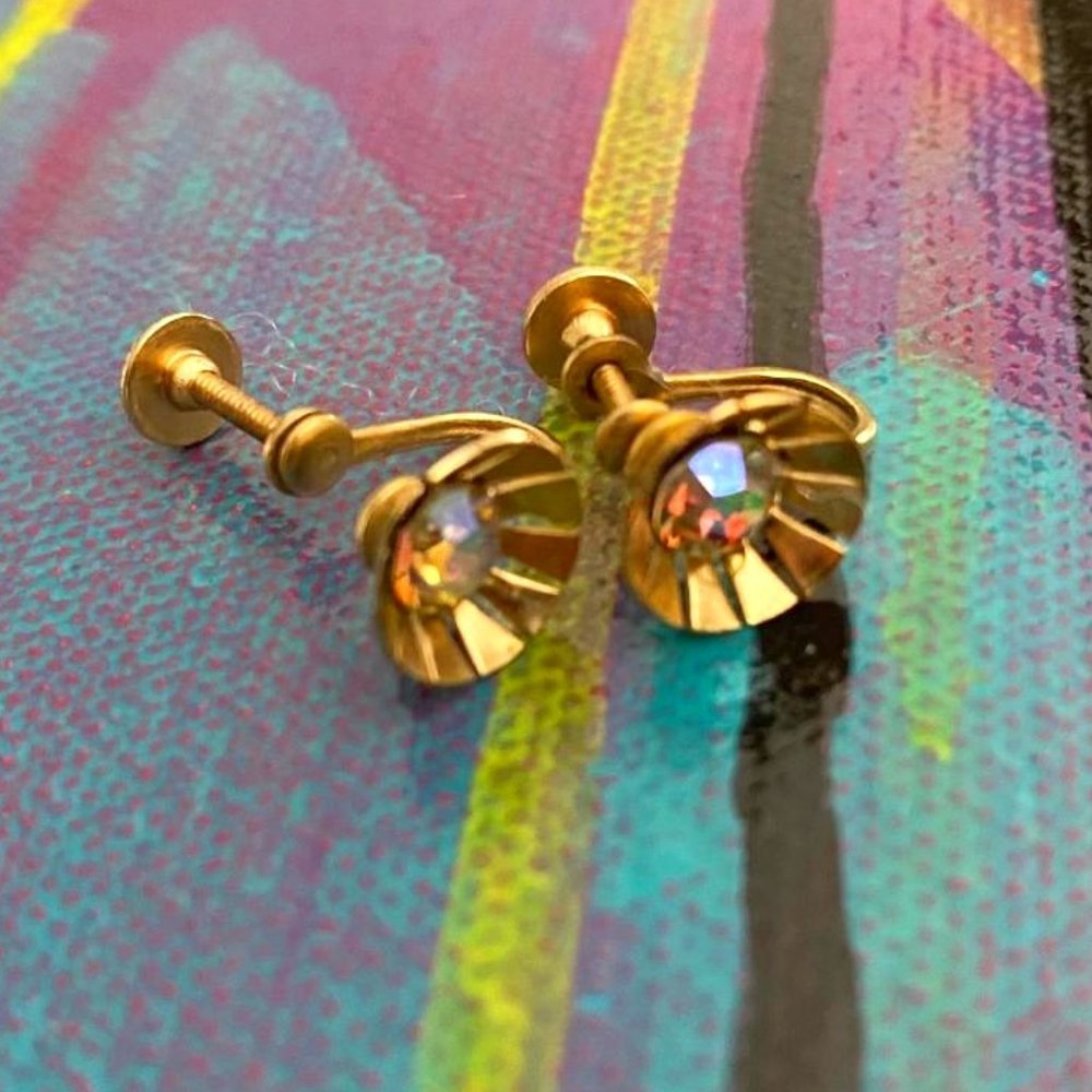 Vintage Earrings, Retro Clip-On Earrings Gold & Rhinestone Small Costume Jewelry